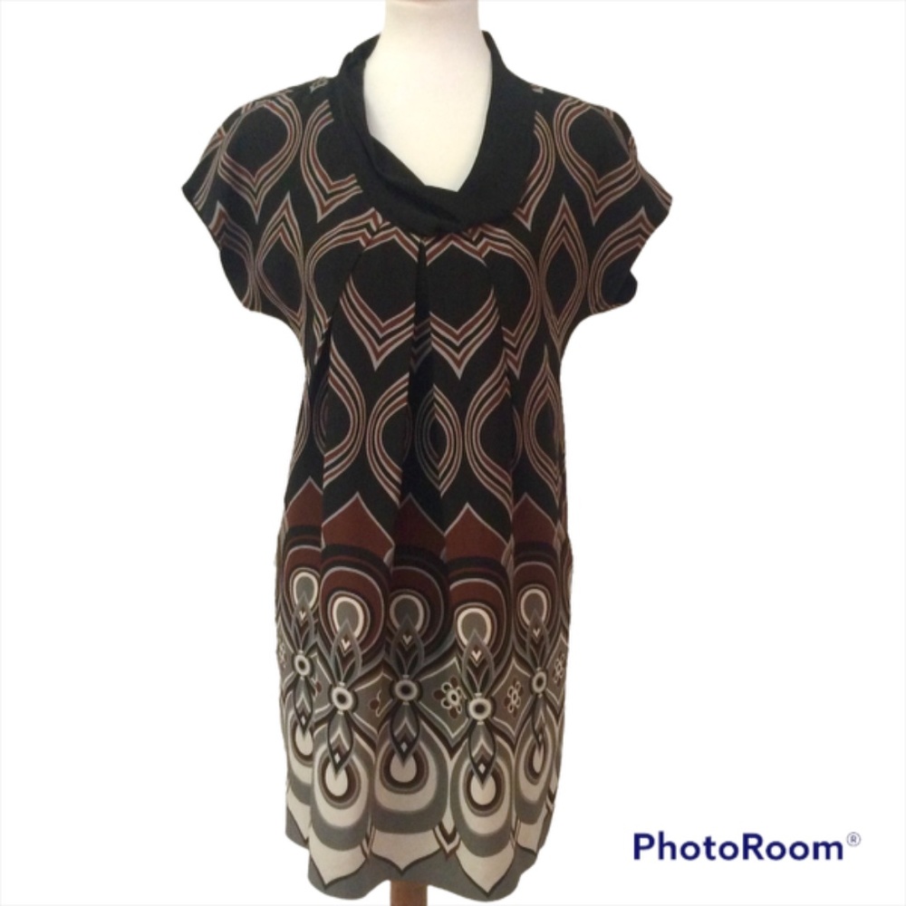 TIBI 100% Silk Black Copper Silver Floppy Scoop Neck Sheath Dress, Size 2